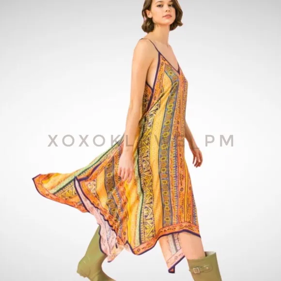 Yellow Orange Boho Print Midi Dress Shark Bite Hem V Neck Spaghetti Straps