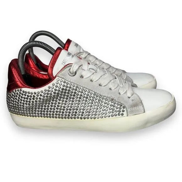 Zadig &amp; Voltaire Stud Casual Leather Sneakers White / Red / Silver Women's 39