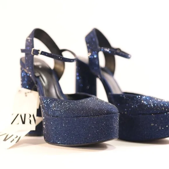 Zara blue rhinestone platform heel sandals