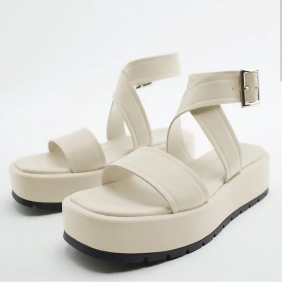 Zara Cream Leather Platform Sandals