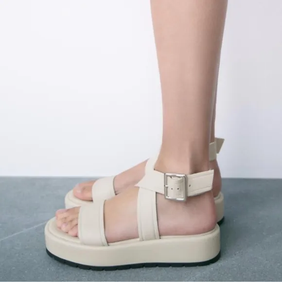 Zara Cream Leather Platform Sandals