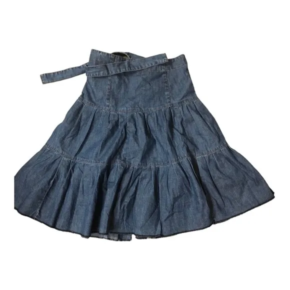 Zara denim tiered flare buttoned down belted‎ western prairie style skirt size 2
