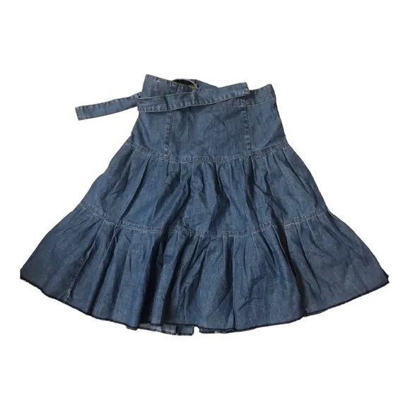 Zara denim tiered flare buttoned down belted‎ western prairie style skirt size 2