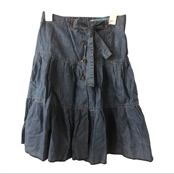 Zara denim tiered flare buttoned down belted‎ western prairie style skirt size 2