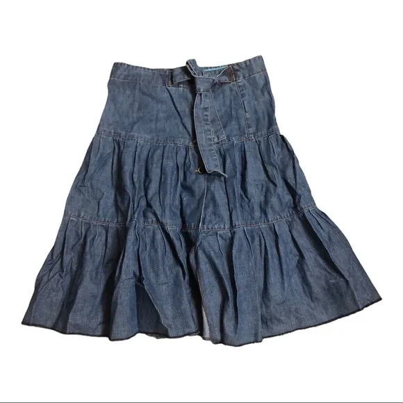 Zara denim tiered flare buttoned down belted‎ western prairie style skirt size 2
