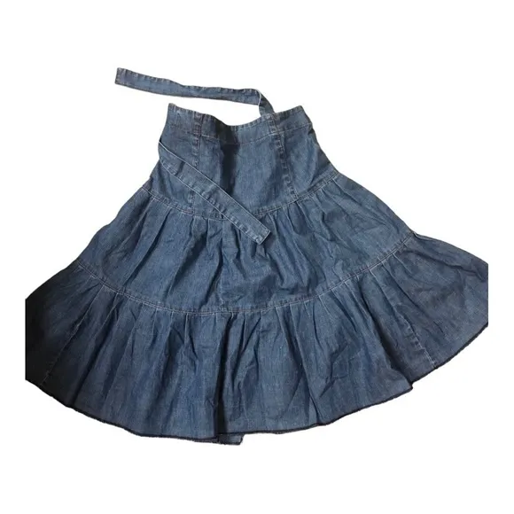 Zara denim tiered flare buttoned down belted‎ western prairie style skirt size 2