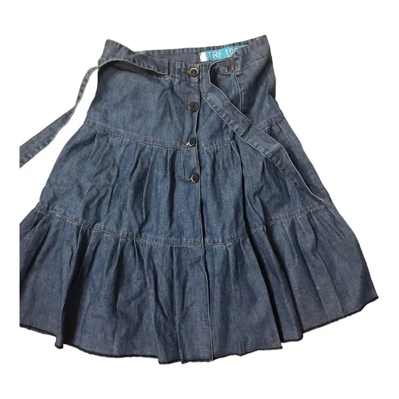 Zara denim tiered flare buttoned down belted‎ western prairie style skirt size 2