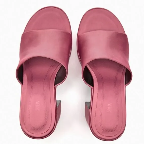 Zara Discounted Chunky Pink Platform Satin Effect Fabric Sandals Shoes Size 9