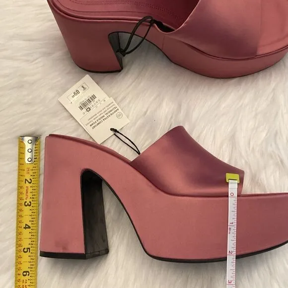 Zara Discounted Chunky Pink Platform Satin Effect Fabric Sandals Shoes Size 9