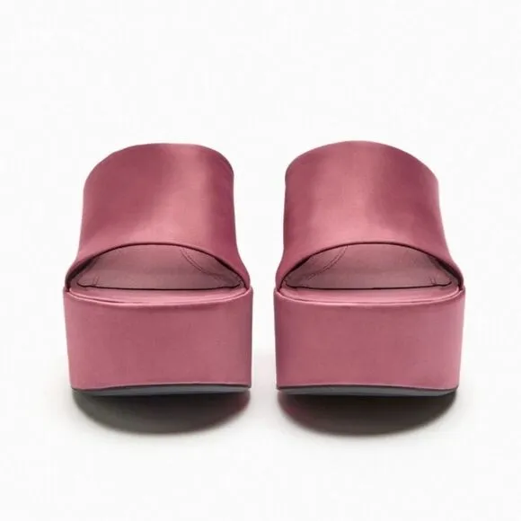 Zara Discounted Chunky Pink Platform Satin Effect Fabric Sandals Shoes Size 9