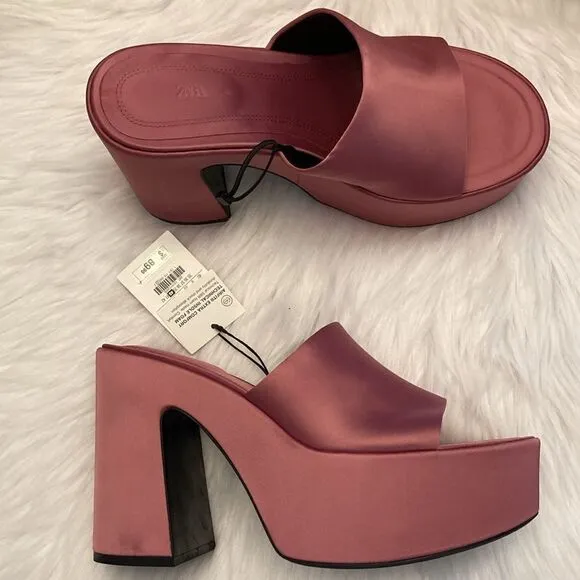 Zara Discounted Chunky Pink Platform Satin Effect Fabric Sandals Shoes Size 9