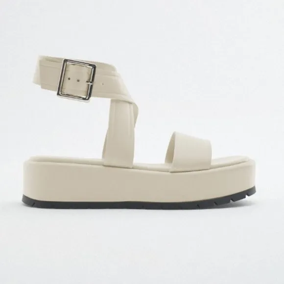 ZARA ECRU LEATHER PLATFORM SANDALS