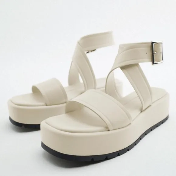 ZARA ECRU LEATHER PLATFORM SANDALS