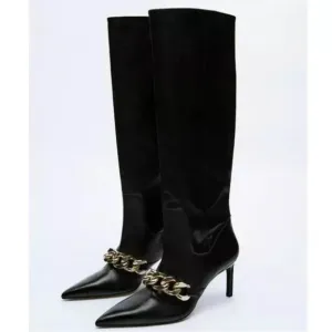 ZARA Elegant Black Knee-High Boots with Chain Detail