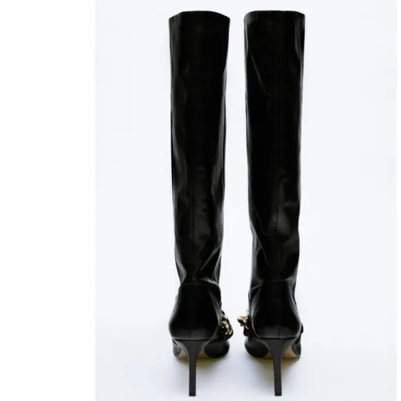 ZARA Elegant Black Knee-High Boots with Chain Detail