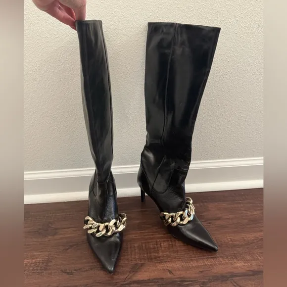 ZARA Elegant Black Knee-High Boots with Chain Detail
