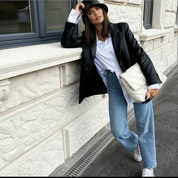 Zara Faux Leather Oversized  Blazer Black Size M
