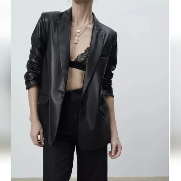 Zara Faux Leather Oversized  Blazer Black Size M