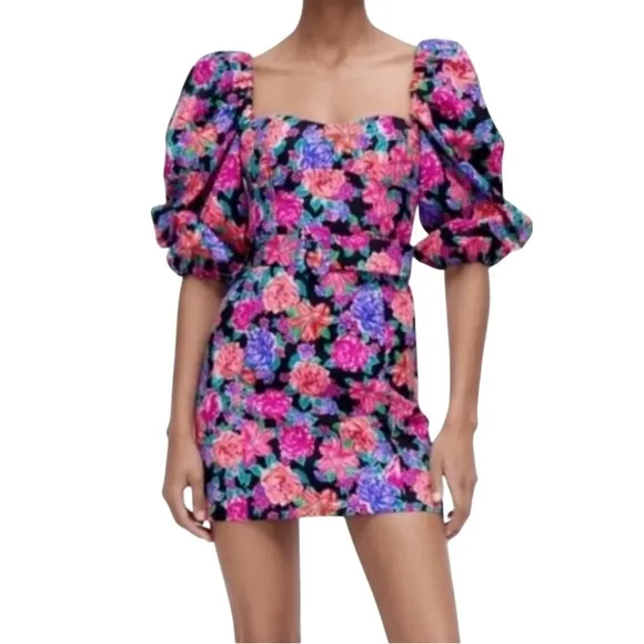 Zara NWT Floral Puff Sleeve Mini Dress Large