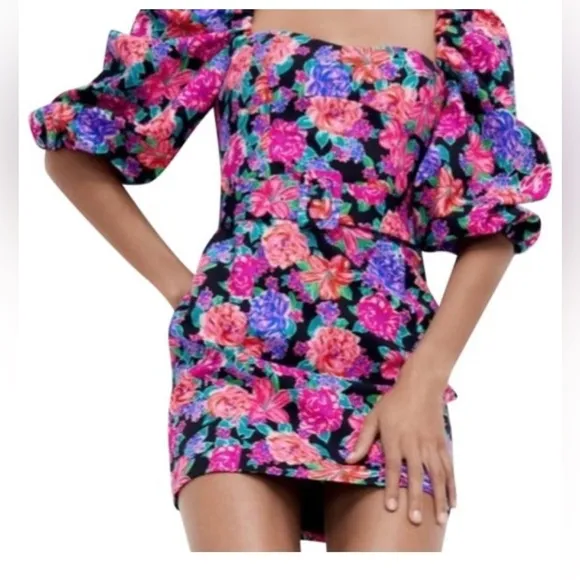 Zara NWT Floral Puff Sleeve Mini Dress Large