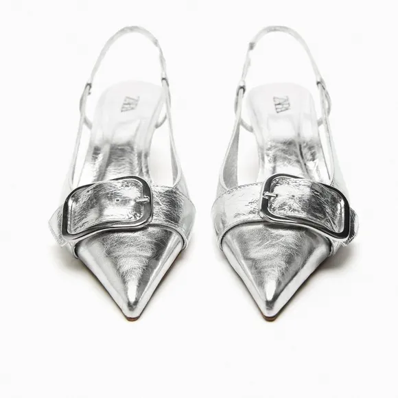 Zara slingback leather kitten heel shoes Silver NWT