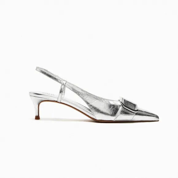 Zara slingback leather kitten heel shoes Silver NWT