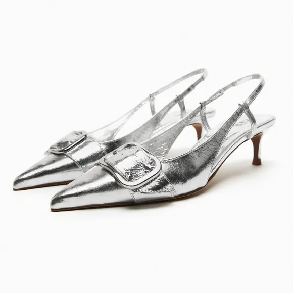 Zara slingback leather kitten heel shoes Silver NWT
