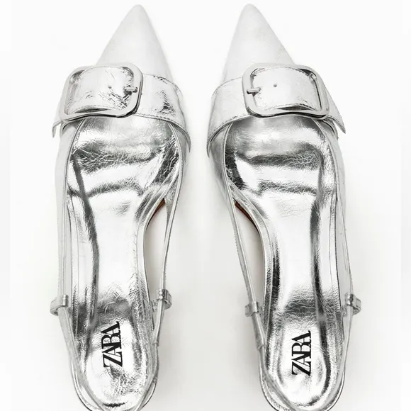 Zara slingback leather kitten heel shoes Silver NWT
