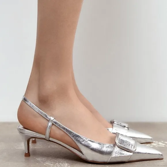 Zara slingback leather kitten heel shoes Silver NWT