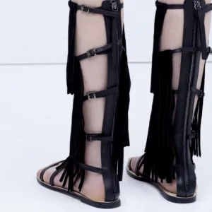 Zara Suede Leather Tall Fringe Gladiator Sandals