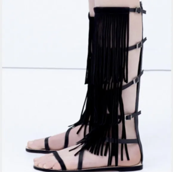 Zara Suede Leather Tall Fringe Gladiator Sandals