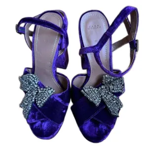 Zara Velvet Chunky Platform Sandals Rhinestone Bow Purple Size 38/6.5 Club