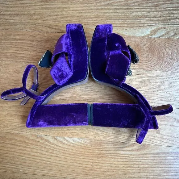 Zara Velvet Chunky Platform Sandals Rhinestone Bow Purple Size 38/6.5 Club