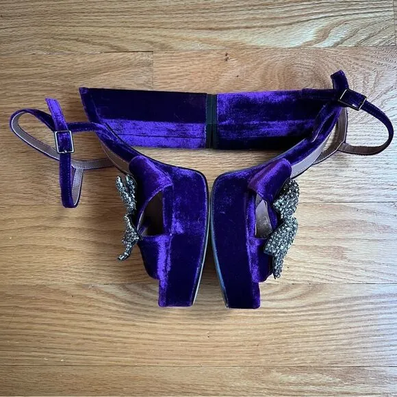 Zara Velvet Chunky Platform Sandals Rhinestone Bow Purple Size 38/6.5 Club