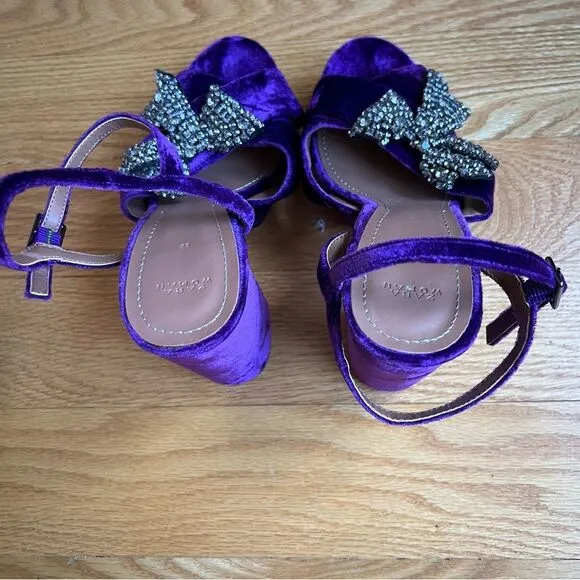 Zara Velvet Chunky Platform Sandals Rhinestone Bow Purple Size 38/6.5 Club