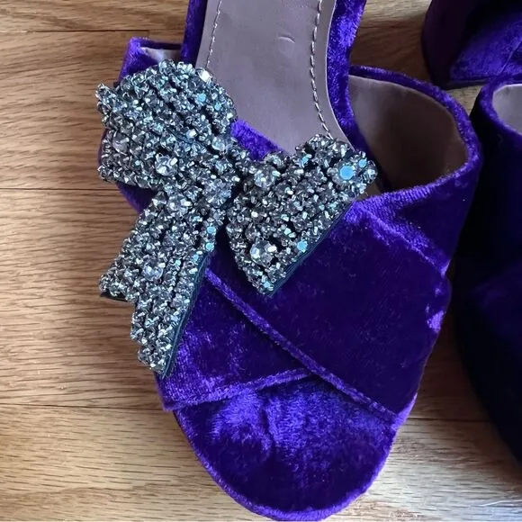 Zara Velvet Chunky Platform Sandals Rhinestone Bow Purple Size 38/6.5 Club