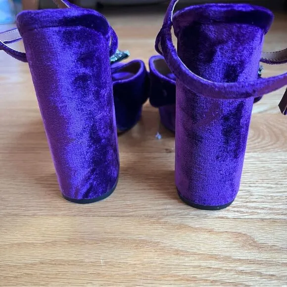 Zara Velvet Chunky Platform Sandals Rhinestone Bow Purple Size 38/6.5 Club