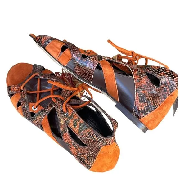 Zara Women Snakeskin Leather &amp; suede with Tassel Lace Up Sandals New size 37/6.5