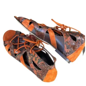 Zara Women Snakeskin Leather &amp; suede with Tassel Lace Up Sandals New size 37/6.5