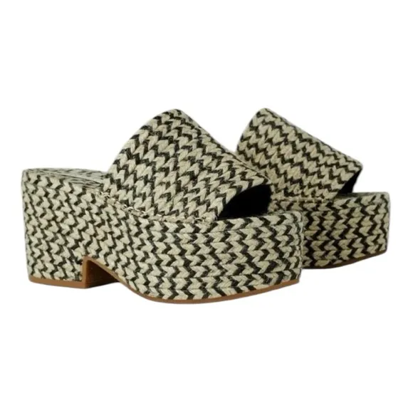 ZARA YUTE MIA NATURAL JUTE CHEVRON BLACK AND TAN PLATFORM WEDGE SANDALS