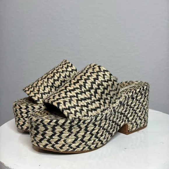 ZARA YUTE MIA NATURAL JUTE CHEVRON BLACK AND TAN PLATFORM WEDGE SANDALS