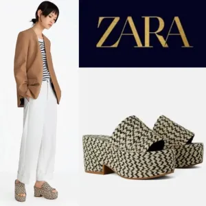 ZARA YUTE MIA NATURAL JUTE CHEVRON BLACK AND TAN PLATFORM WEDGE SANDALS